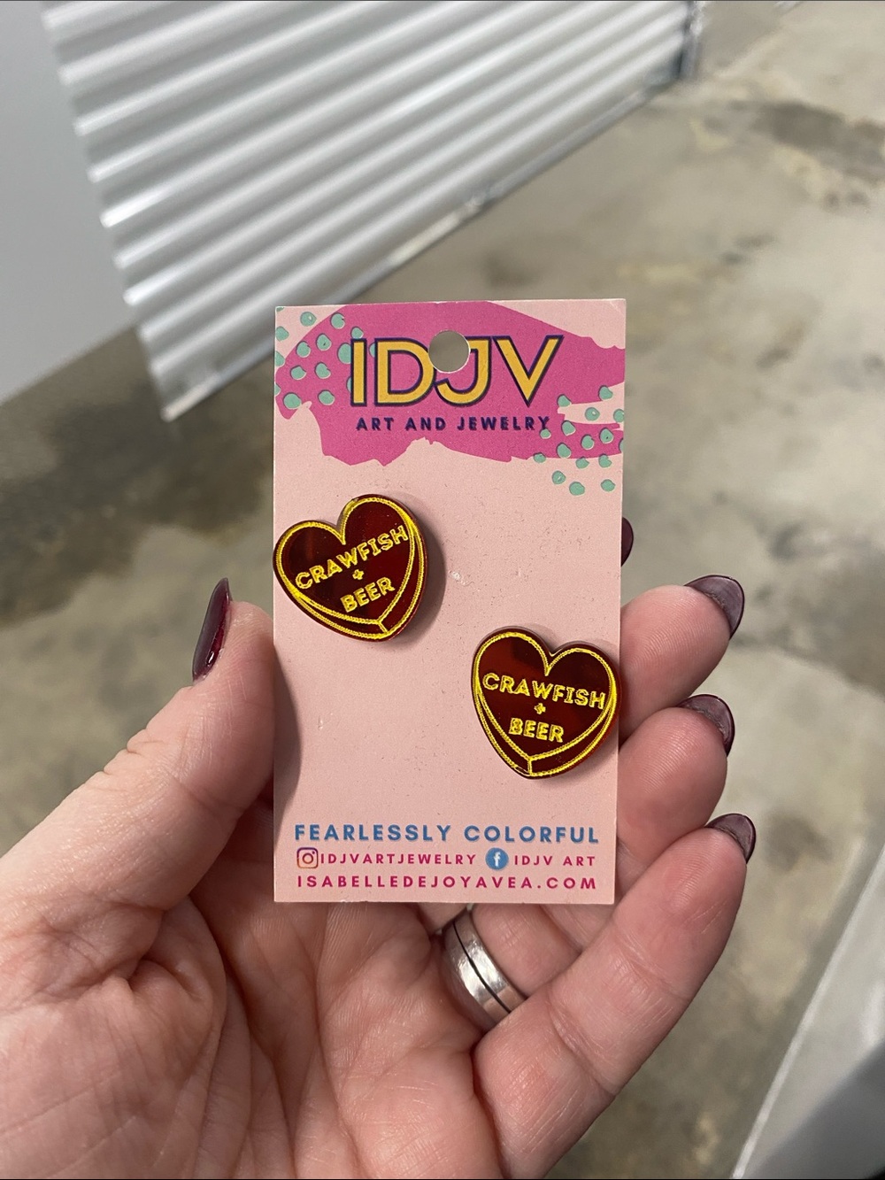 Heart-Shaped 'Crawfish & Beer' Enamel Stud Earrings - Red and Gold